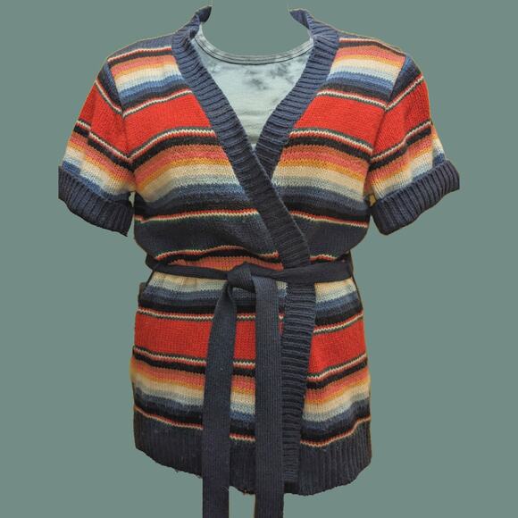 Vintage 1980s Heritage 1981 Southwest Stripe Short Sleeve Belted Cardigan - Picture 1 of 5